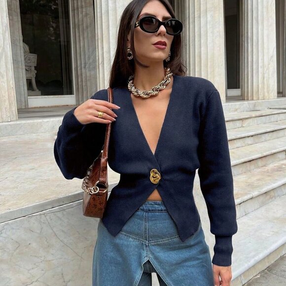 Blue Casual Women's Elegant Minimalist vneck button detailed sweater Cardigan - Picture 3 of 7